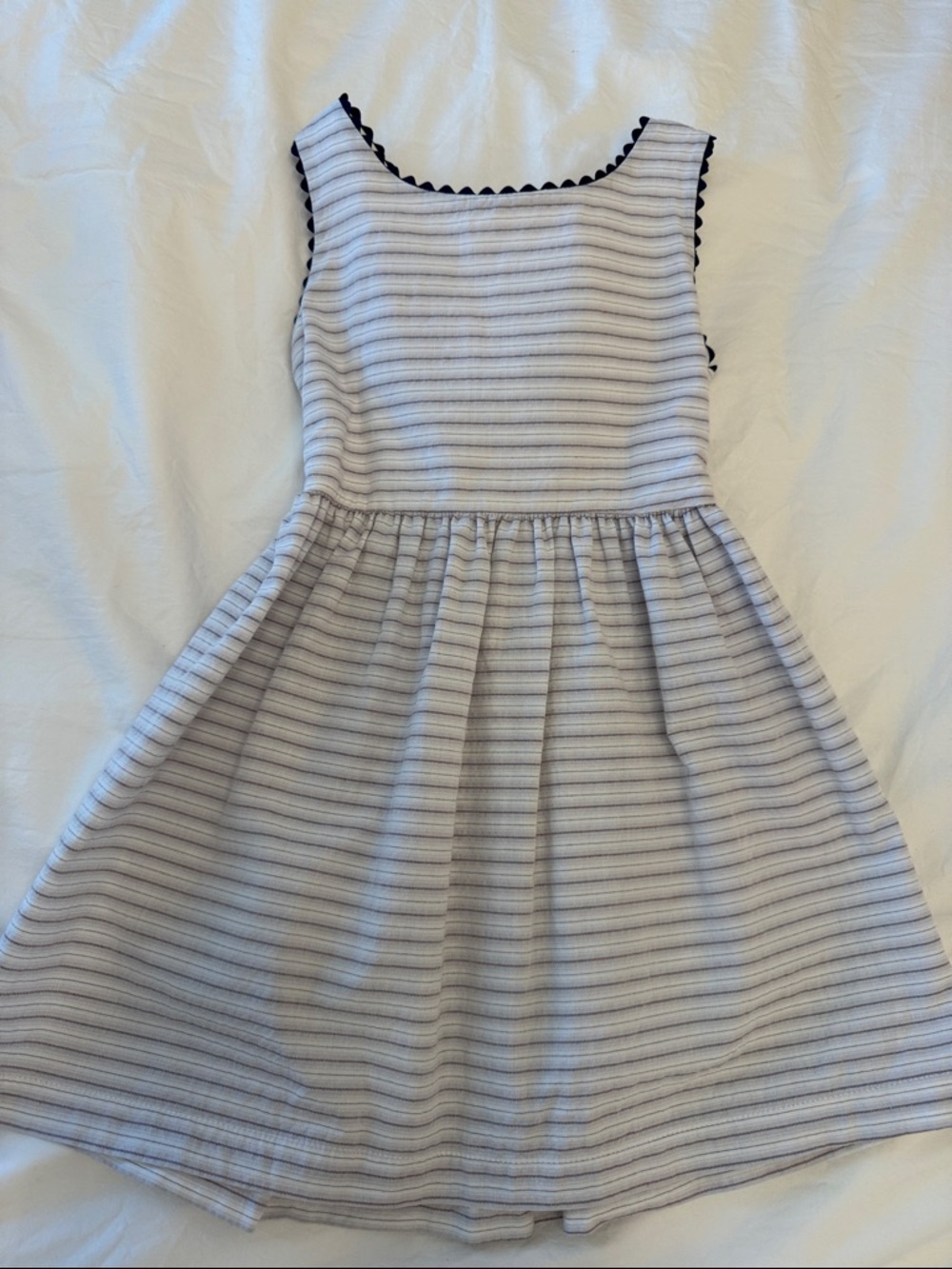 Bella Bliss Girls Striped White and Navy Sleeveless Dress, Bow back